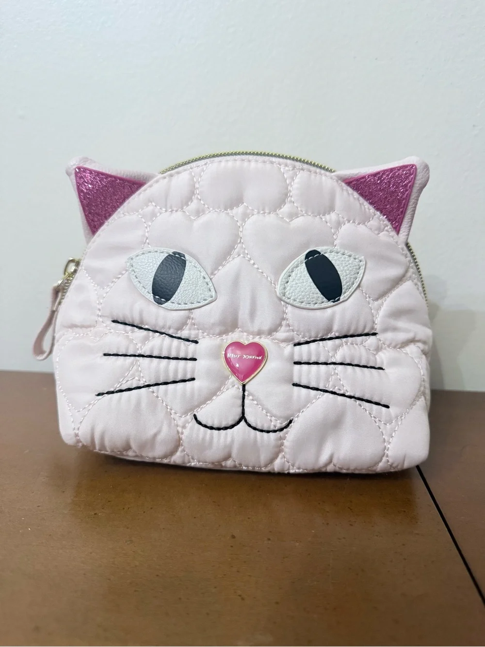 Betsey Johnson Quilted Hearts Pink Cat Make Up Accessory Bag